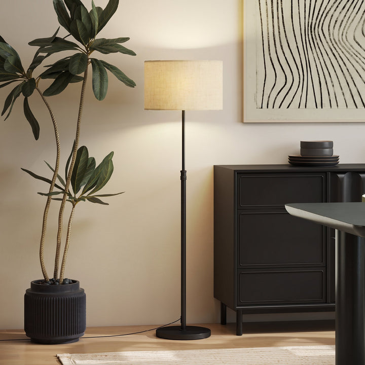 Dæmpbar gulvlampe med linnedskærm, E27, højdejusterbar, sort