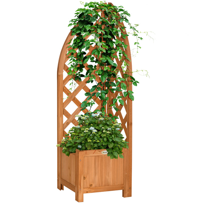 Plantekasse med hjørneespalier, drænåbning, vejrbestandig, naturtræ, brun, 32 x 32 x 108 cm