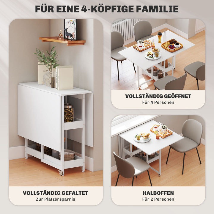 Foldbart spisebord i industrielt design, til op til 4 personer, åbne hylder, fleksibelt, metal, spånplade, hvid