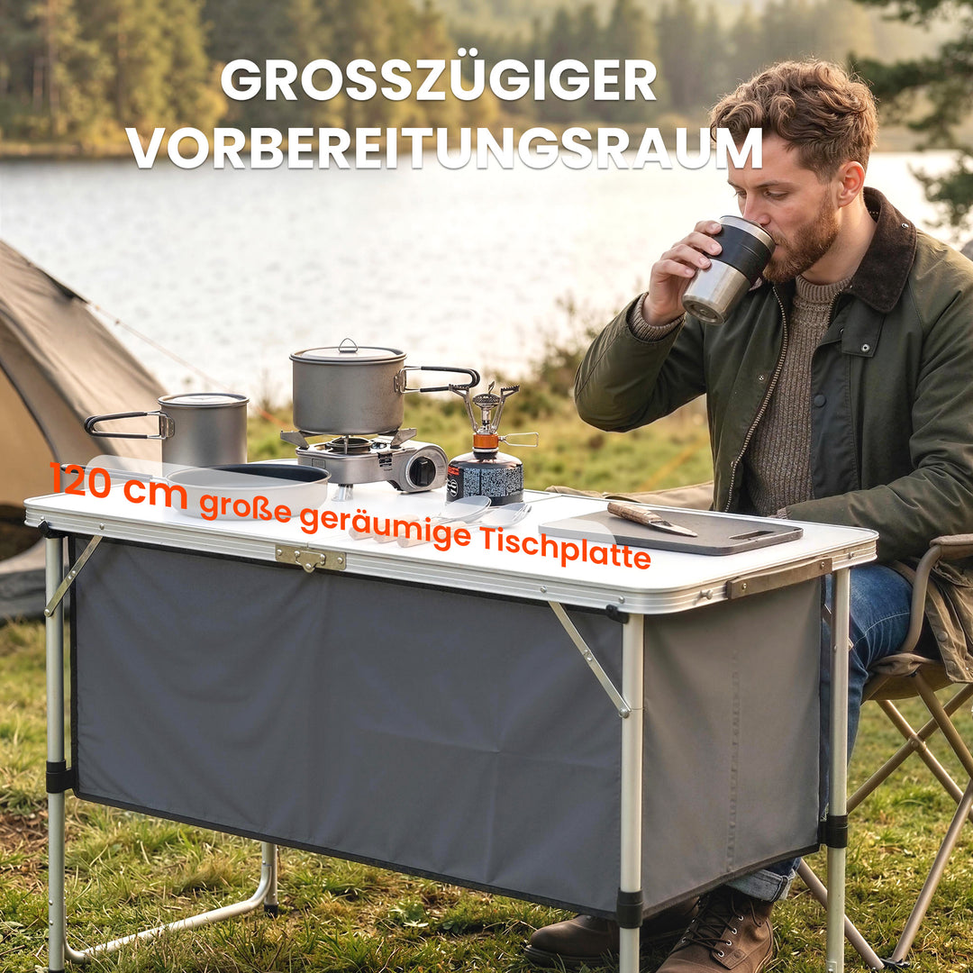 Sammenklappeligt campingkøkkenskab med aluminiumsramme, opbevaringsrum og bordplade til campingture, sølv