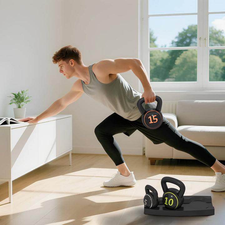 Kettlebell-sæt, 3 kettlebells 2,2 kg/4,5 kg/6,8 kg, plastikhus, sort