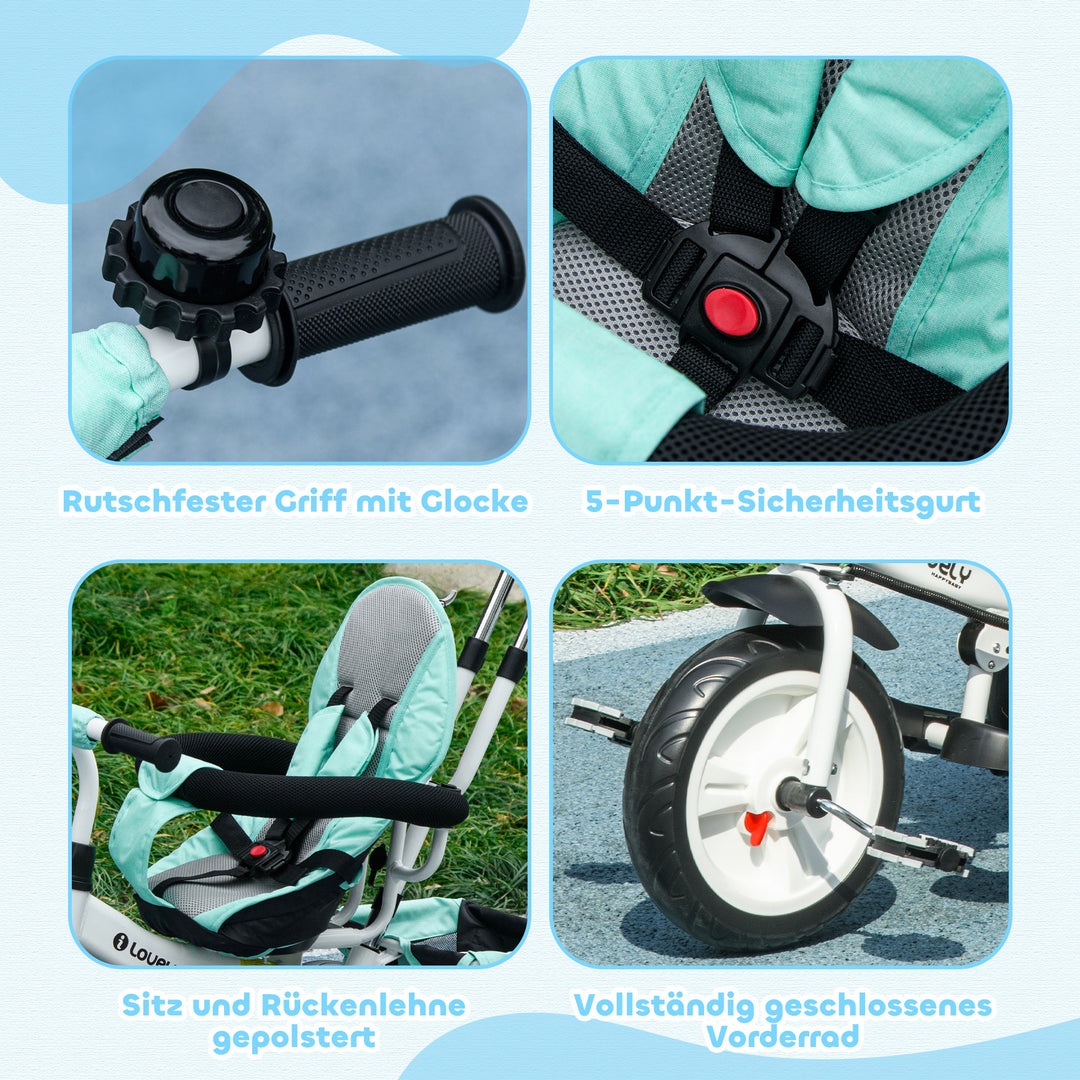 6-I-1 børnetrecykel med skubbehåndtag, kaleche, bælte, opbevaringskurv, til 1-5 år, grøn