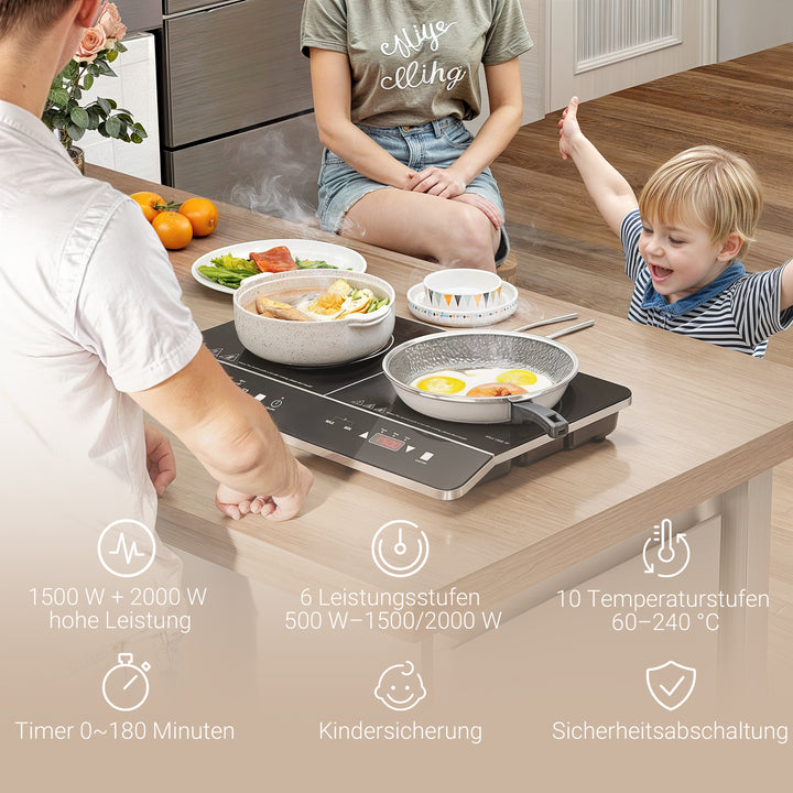 Bærbar induktionskogeplade, 10-trins temperaturkontrol, touchpanel, sort