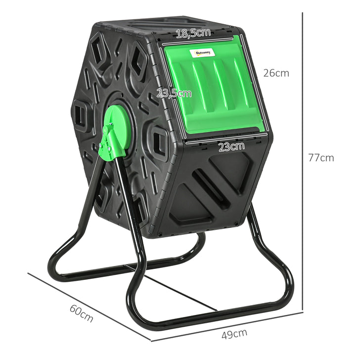 Kompostbeholder, 65 liter kompostbeholder, roterbar, kompakt, 24 ventilationshuller, stål, plastik, grøn+sort