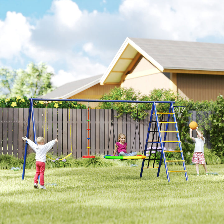 Børnegyngesæt, stål, 3-8 år, 6-i-1 design, farverig
