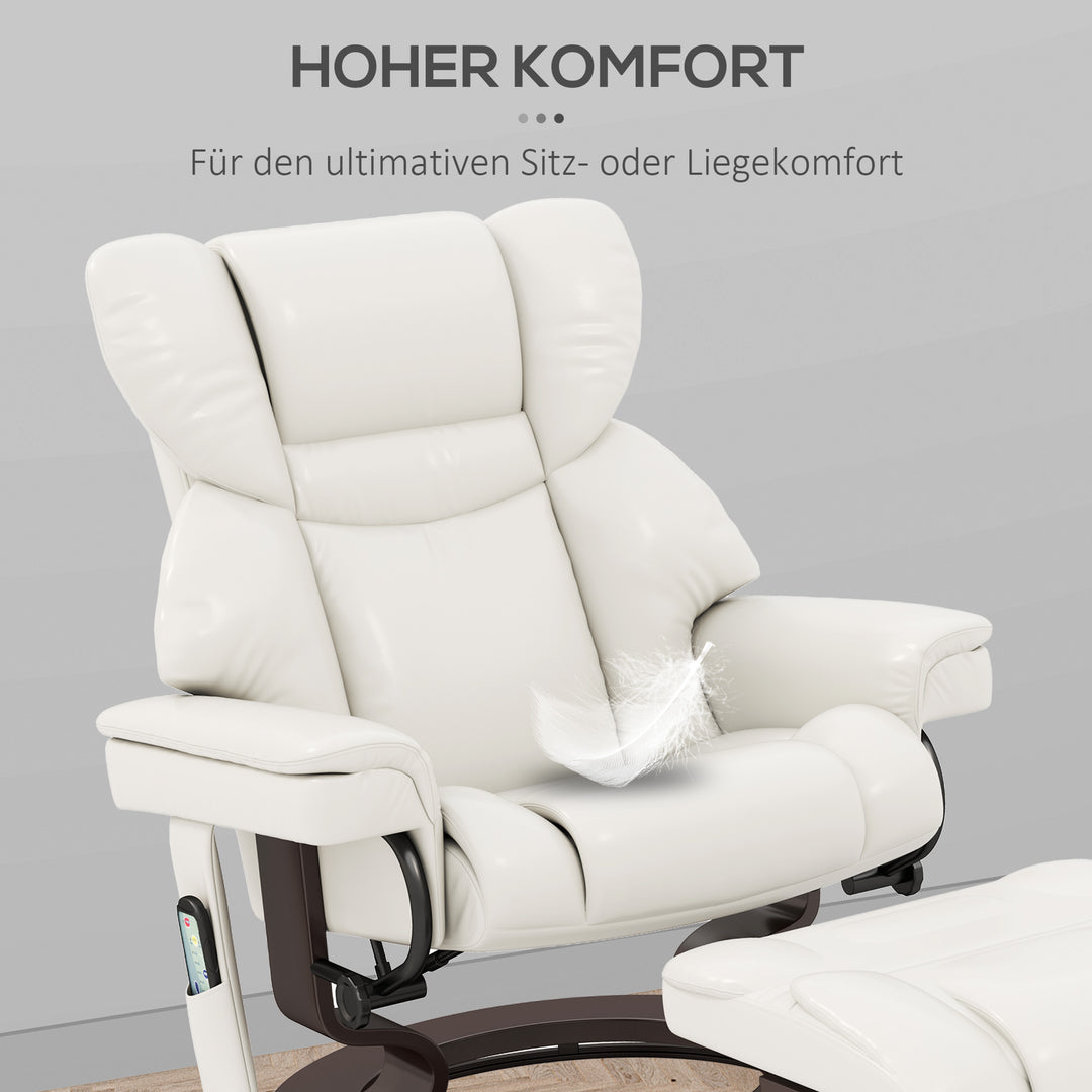 Lænestol med massagefunktion og fodskammel, loungestol, kunstlæder, 79 x 82 x 101 cm, cremehvid