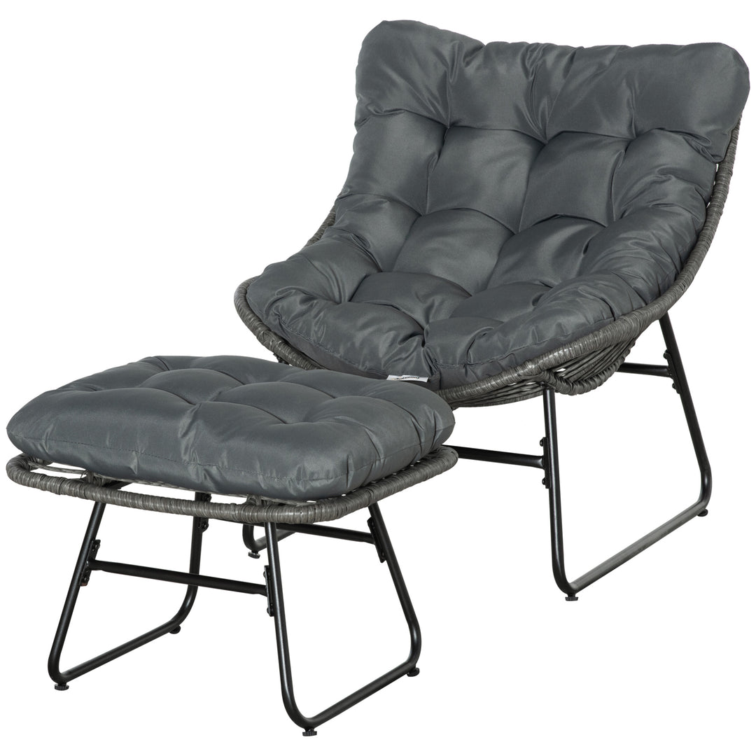 Rattan afslapningsstol med fodskammel, havestol med tykke hynder, udendørs rattanstol, havestol til have, balkon, terrasse, grå