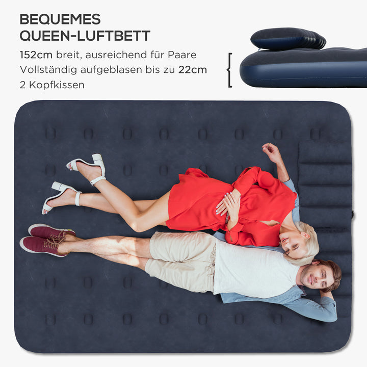 Luftmadras til 2 personer, med håndpumpe, blød og robust, 203x152x22cm, blå