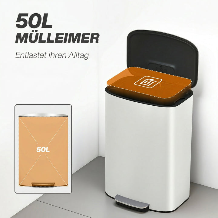 Køkkenaffaldsspand, 50 liter, pedalspand med åben funktion, soft-close låg, pedal, cremehvid