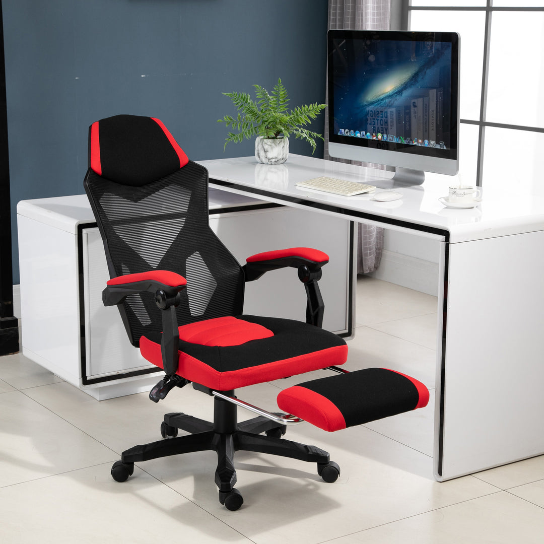 Ergonomisk kontorstol, gamingstol, drejestol med fodstøtte, pc-stol, executive-stol, højdejusterbar, polyester, sort+rød, 58 x 63 x 112-122 cm