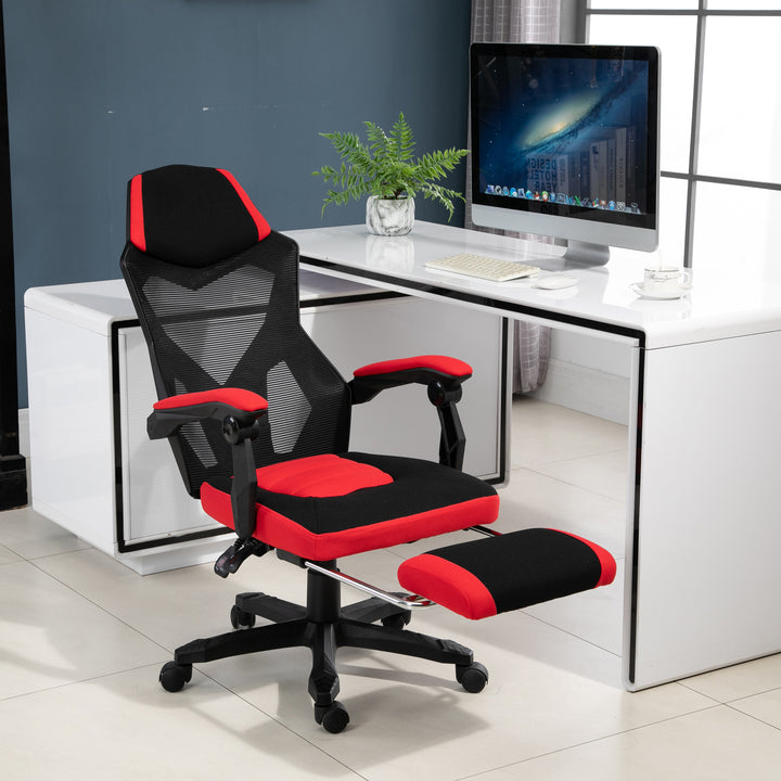 Ergonomisk kontorstol, gamingstol, drejestol med fodstøtte, pc-stol, executive-stol, højdejusterbar, polyester, sort+rød, 58 x 63 x 112-122 cm