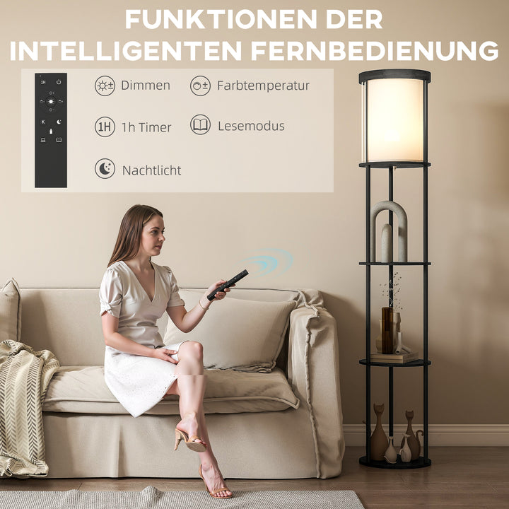 Gulvlampe med 3 hylder, rundt design, fjernbetjening, fodkontakt, justerbar lysvarme, til stue, sort
