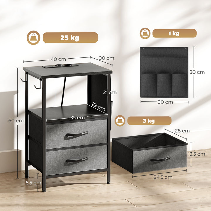 Sofabord/sidebord med ladestation, stålstel, USB-C-porte, skuffer, kroge, 40 cm x 30 cm x 60 cm, sort