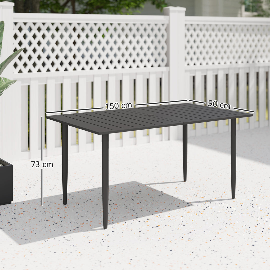 Havebord 150x90cm, vejrbestandigt balkonbord af stål, balkonbord med parasolhul, sort