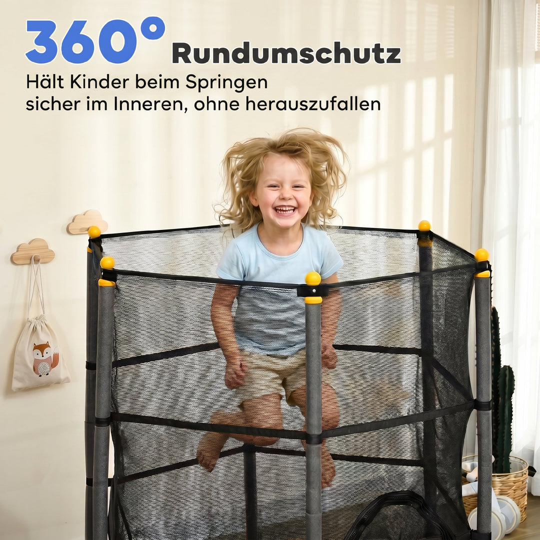 Børnetrampolin, Ø163 cm, med sikkerhedsnet, indendørs og udendørs brug, lasteevne op til 50 kg, stål, plastik, sort