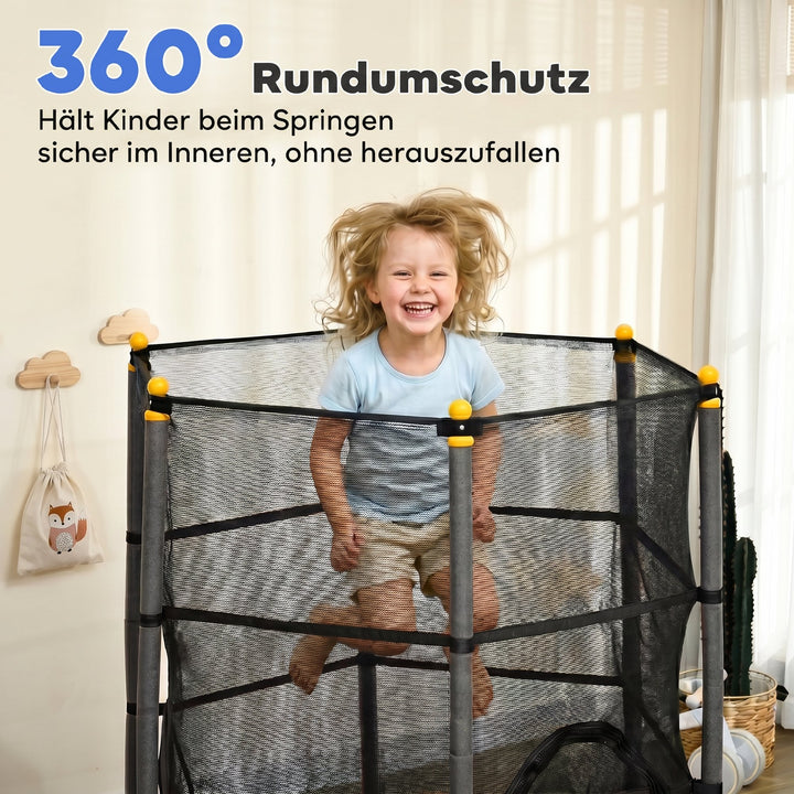 Børnetrampolin, Ø163 cm, med sikkerhedsnet, indendørs og udendørs brug, lasteevne op til 50 kg, stål, plastik, sort