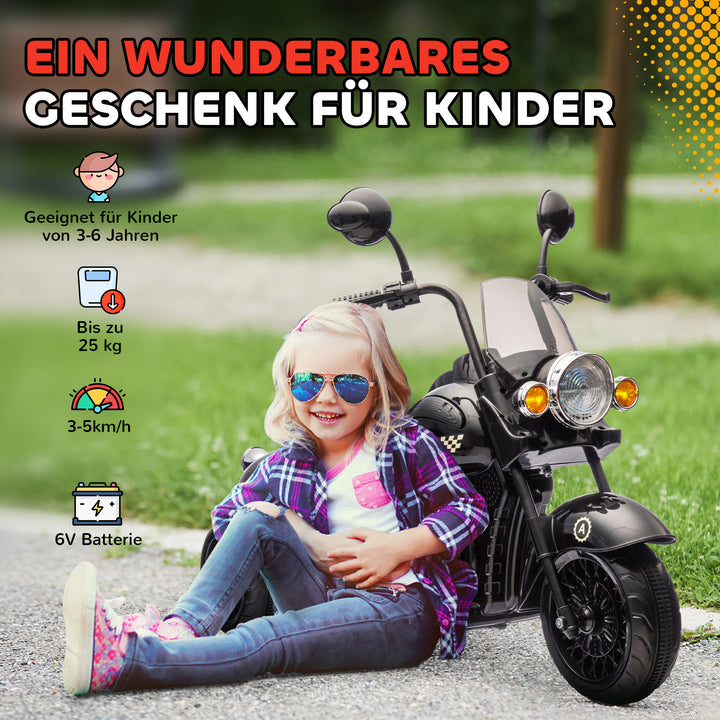 Elektrisk børnemotorcykel, 3-5 km/t, chopper, lys og musik, til børn 3-6 år, sort