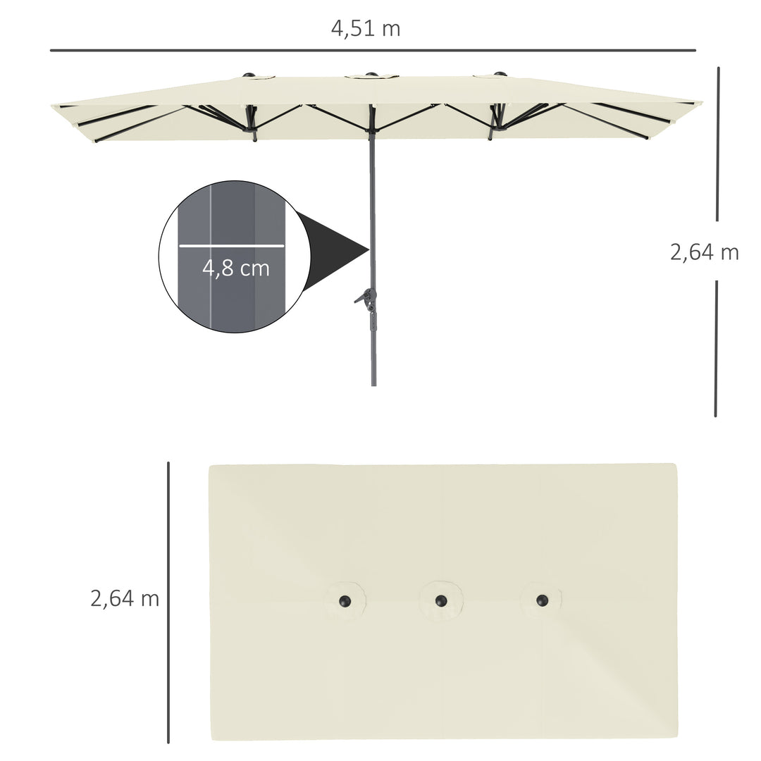 Dobbeltsidet paraply, 451 x 264 cm parasol med håndsving, 12 metalribber, aluminiumsstang, cremehvid