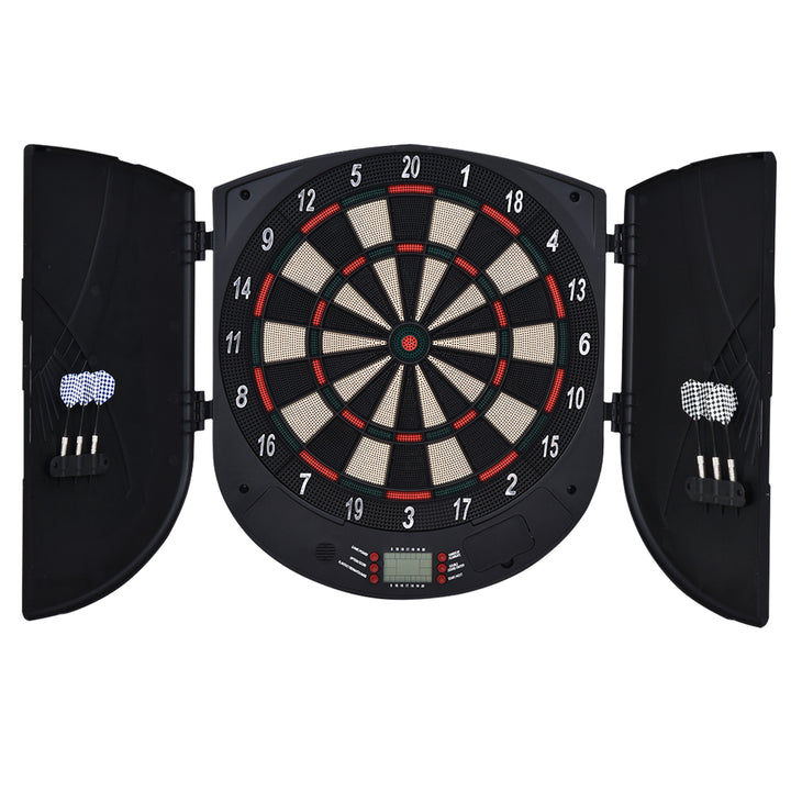 Elektronisk dartskive med stemmemeddelelser (engelsk stemme), LED-displays, 6 dart, 26 spil, 185 variationer, dartmaskine med dør, dartskivesæt til op til 8 spillere