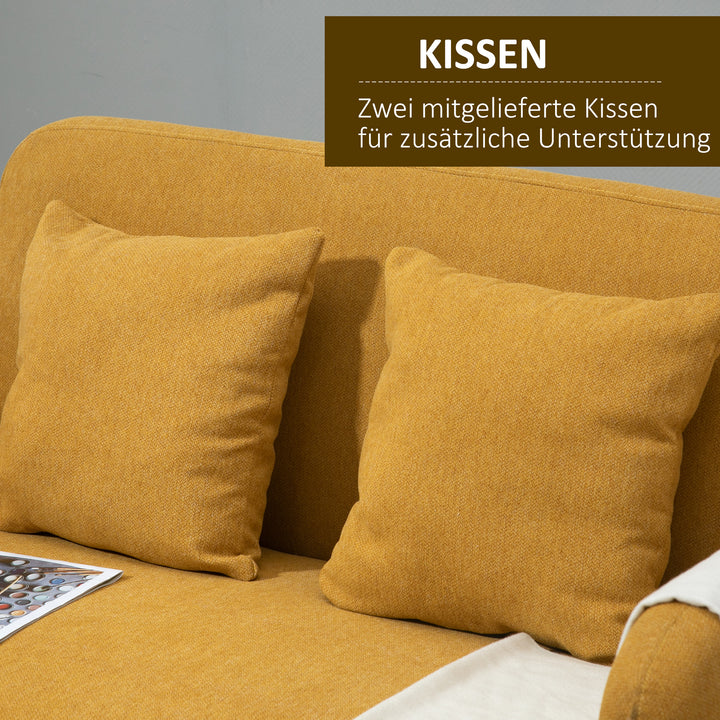 2-personers sofa med 2 puder, lille loveseat med fløjlstop, moderne polstret sofa til stue, soveværelse, lille værelse, gul, 130 x 70 x 80 cm