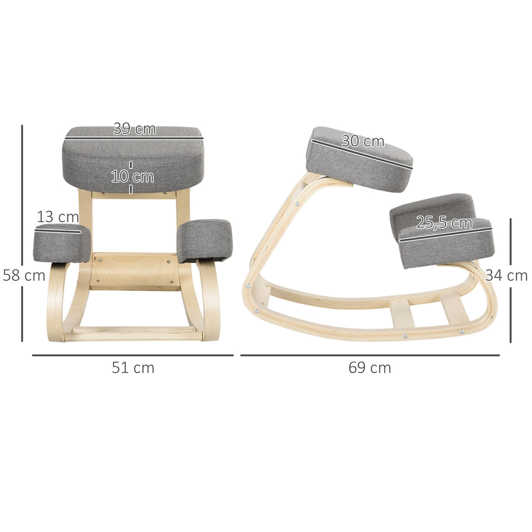 Knælestol, ergonomisk skammel, polstret skammel til sund siddestilling, birketræ, 120 kg lasteevne, grå