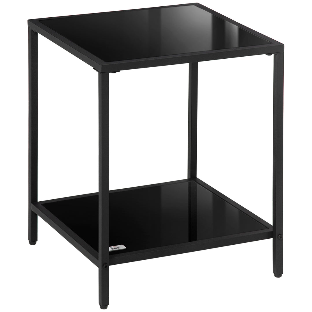 Sidebord med hærdet glasplade, 2 niveauer, klassisk design med metalstel, sort