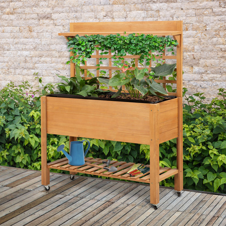 Højbed plantebord blomsterbord arbejdsbord havebord drivhus træ plantebord til have balkon, 105 x 40 x 135 cm, gran, ikke-vævet stof, brun