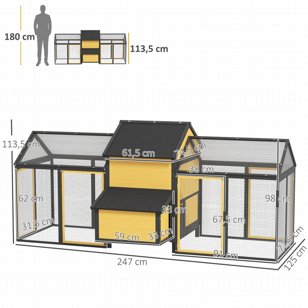 Hønsehus til smådyr 2 udendørs indhegninger, 1 redekasse, 2 ramper, asfalttag, vejrbestandig, gul