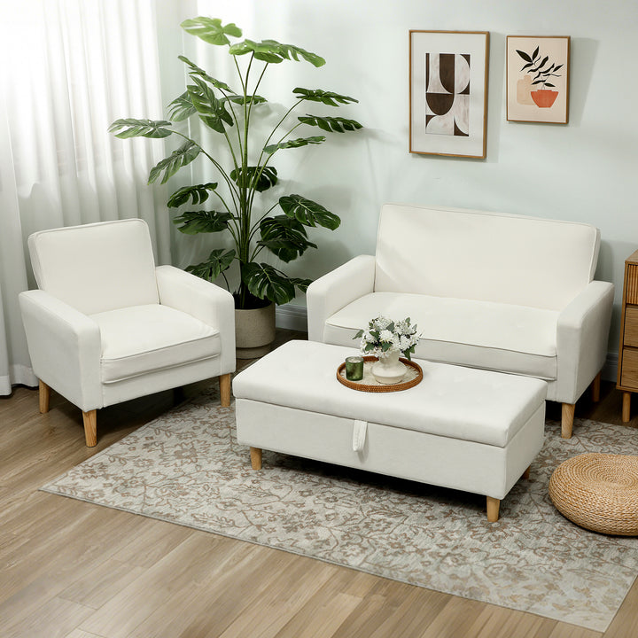 2-personers sofa, dobbeltsofa med gummiben i træ, polstret sofa til stue, soveværelse, cremehvid
