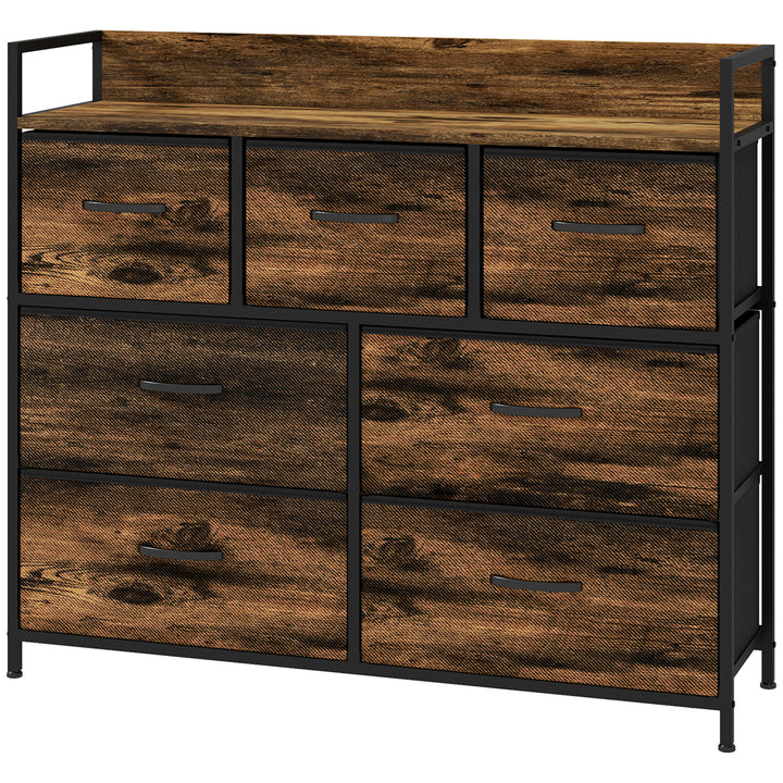 Kommode, skænk med 7 stofskuffer, industrielt design, stålstel, 98 x 29 x 85 cm, brun/sort