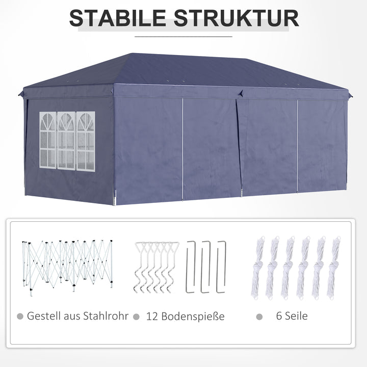 Foldbar pavillon 6 x 3 m, aftagelige sidepaneler, store vinduer, lynlåsdøre, stålramme, blå