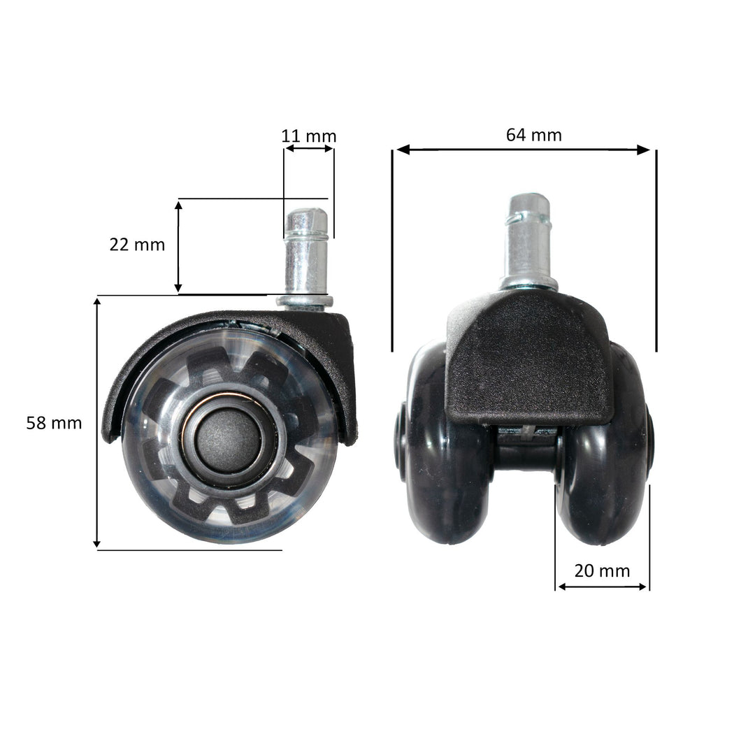 Sæt med 5 letløbende universelle kraftige hjul til kontorstole, 11 mm stamme / 50 mm diameter, støjsvage premium hjul til hårdt gulv, kontorstolhjul, drejestolhjul, sorte, dobbelte hjul