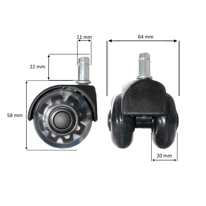 Sæt med 5 letløbende universelle kraftige hjul til kontorstole, 11 mm stamme / 50 mm diameter, støjsvage premium hjul til hårdt gulv, kontorstolhjul, drejestolhjul, sorte, dobbelte hjul