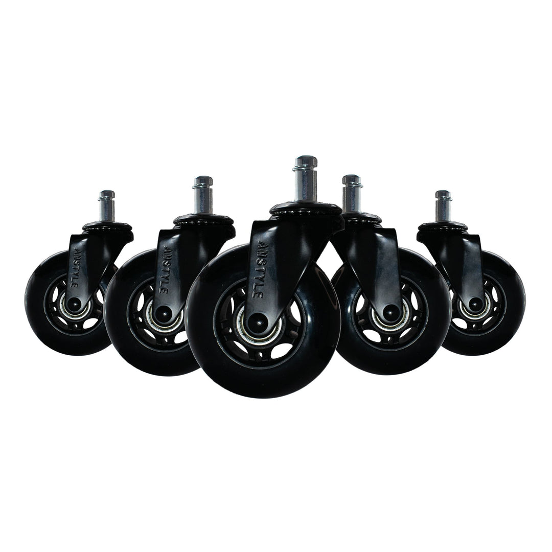 Sæt med 5 letløbende universelle kraftige hjul til kontorstole, 11 mm stamme / 75 mm diameter, støjsvage premium hjul til hårdt gulv, sorte drejestolshjul