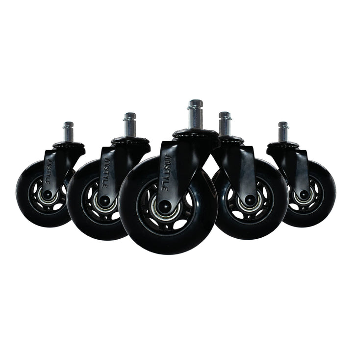 Sæt med 5 letløbende universelle kraftige hjul til kontorstole, 11 mm stamme / 75 mm diameter, støjsvage premium hjul til hårdt gulv, sorte drejestolshjul