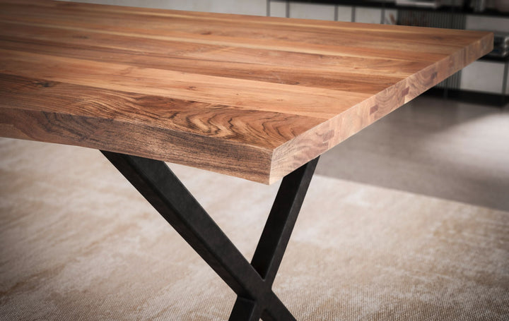 Spisebord 140x80x76 cm akacie massivt træ/metal spisebord trækant, massivt køkkenbord med X-ben i sort