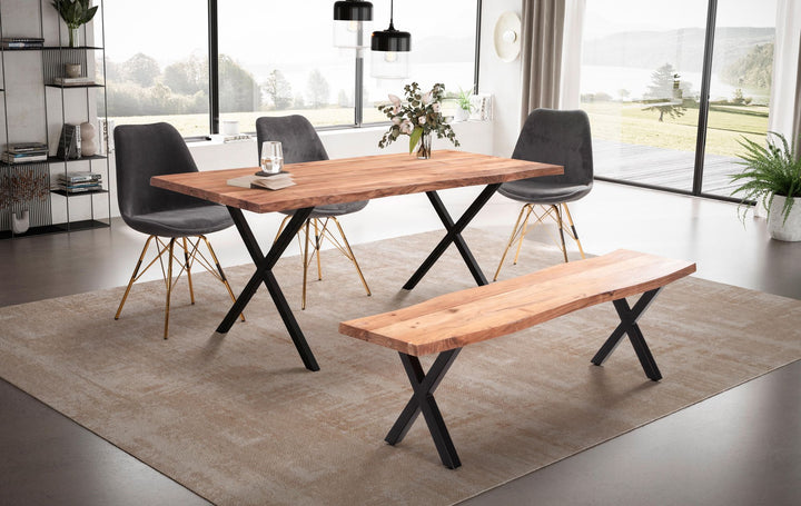 Spisebord 160x80x76 cm akacie massivt træ/metal spisebord trækant, massivt køkkenbord med X-ben i sort