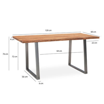 Skrivebord 120x60x76, massivt akacietræ / metal, solid med trapezformede ben i krom