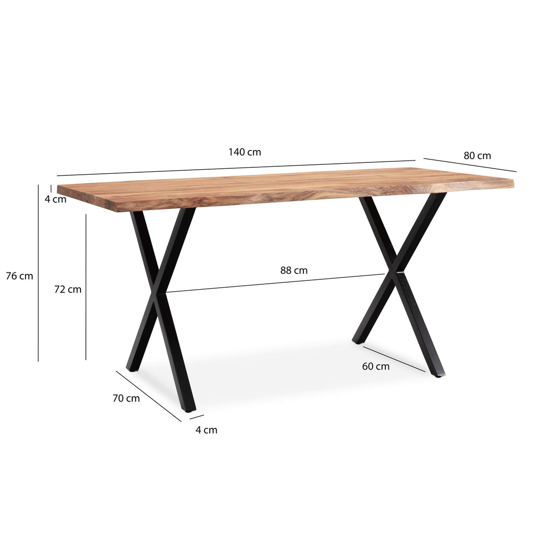 skrivebord 140x80x76 cm akacie massivt træ/metal computerbord trækant