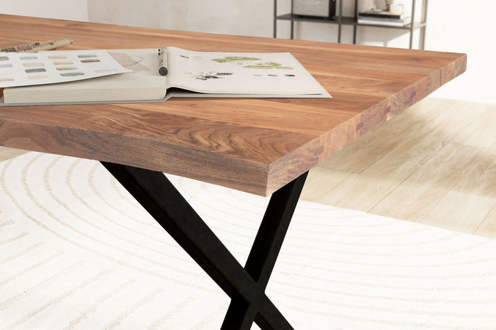 skrivebord 160x80x76 cm akacie massivt træ/metal computerbord trækant