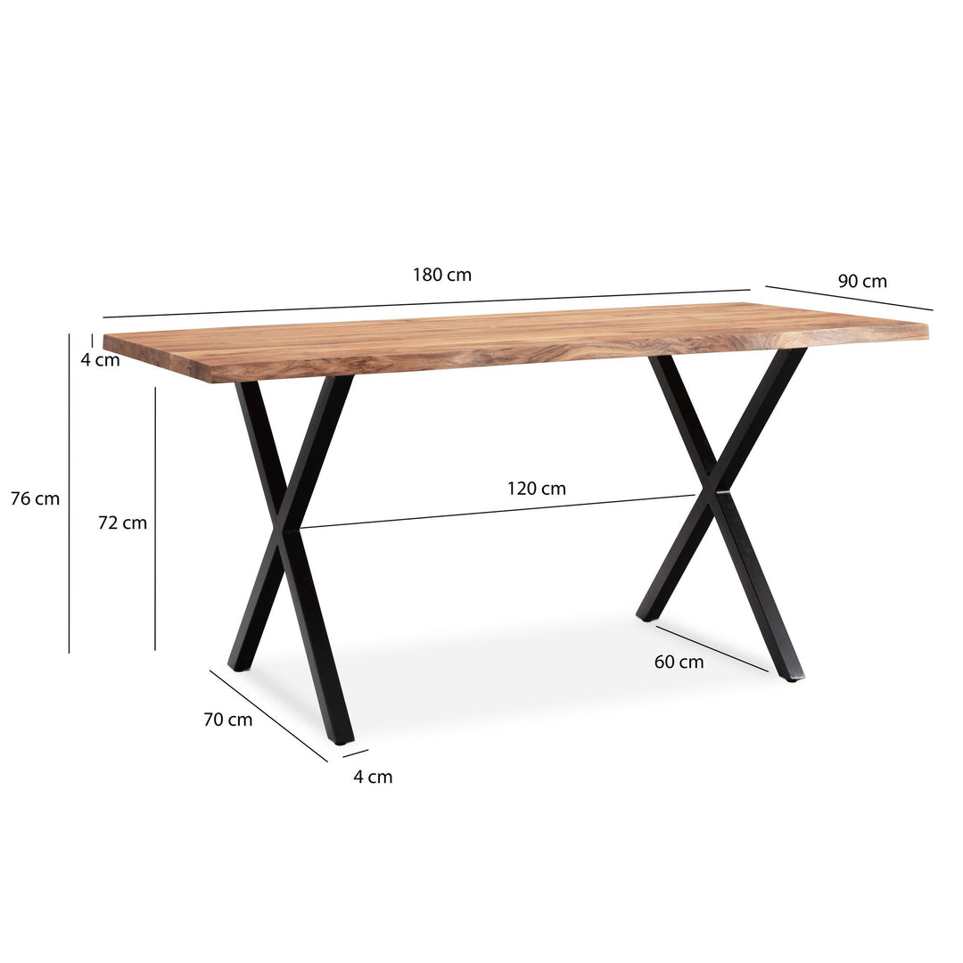 skrivebord 180x90x76 cm akacie massivt træ/metal computerbord trækant