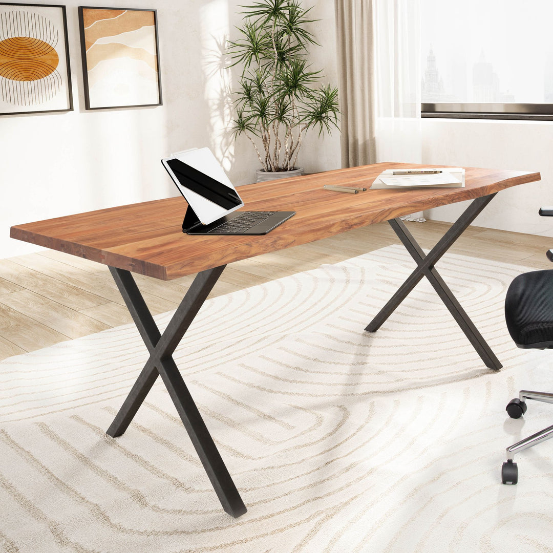 skrivebord 180x90x76 cm akacie massivt træ/metal computerbord trækant