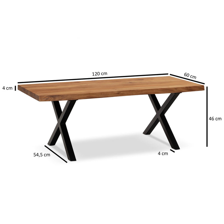 Robust charme: Design sofabord i massivt akacietræ med sort metalstativ (120x60 cm)