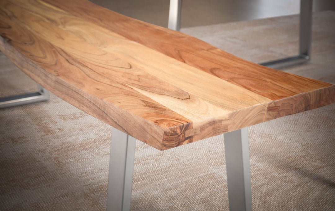 Spisebænk 160x40x45,5 cm, massivt akacietræ/metal med levende kant, spisebænk i massivt træ uden ryglæn, forkromet køkkenbænk, moderne spisebænk, stor spisebænk