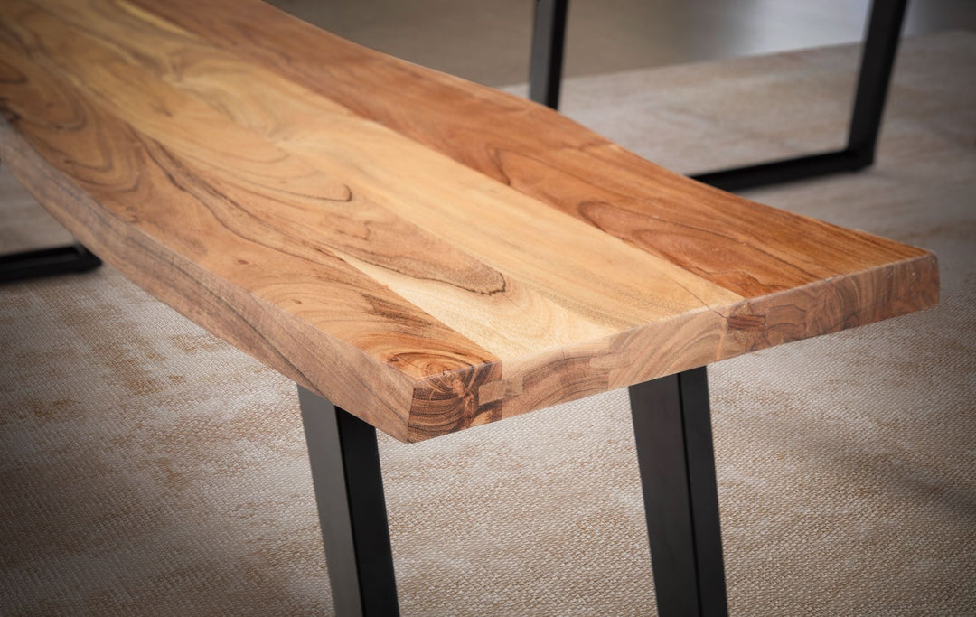 Spisebænk 160x40x45,5 cm, massivt akacietræ/metal med levende kant, moderne spisebænk, massiv træbænk uden ryglæn, køkkenbænk/spisebænk med U-formede ben, stor spisebænk