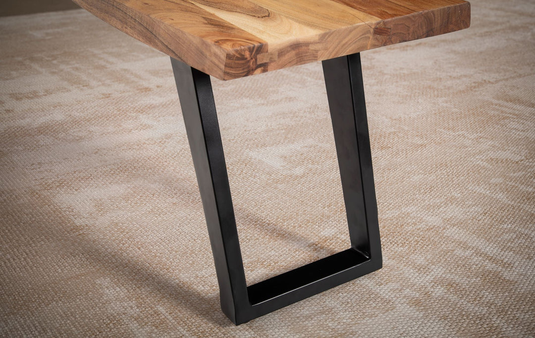 Spisebænk 160x40x45,5 cm, massivt akacietræ/metal med levende kant, moderne spisebænk, massiv træbænk uden ryglæn, køkkenbænk/spisebænk med U-formede ben, stor spisebænk