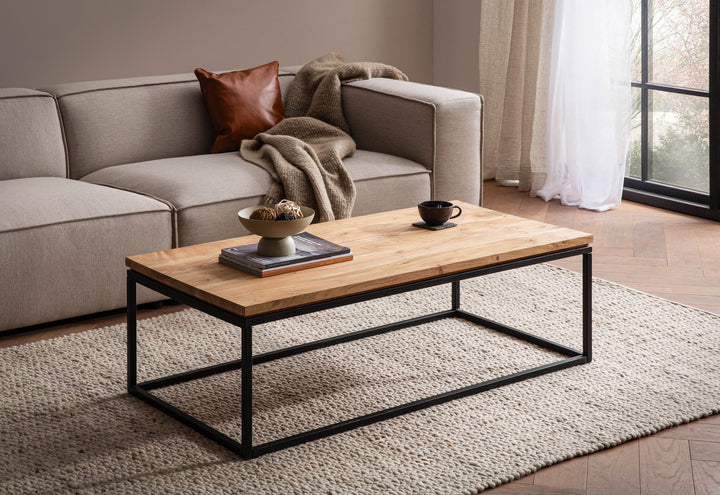 Sofabord 120x60x40 cm, massivt akacietræ, metal sofabord, rektangulært, designer stuebord med naturlig træåring, moderne sofabord til stuen