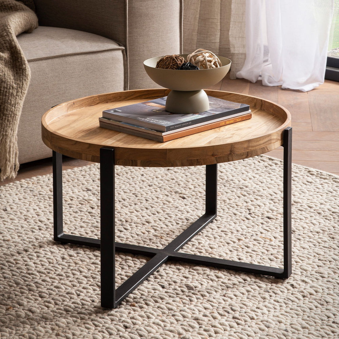 Sofabord 60x60x36 cm akacie massivt træ metal lysebrunt rundt sofabord