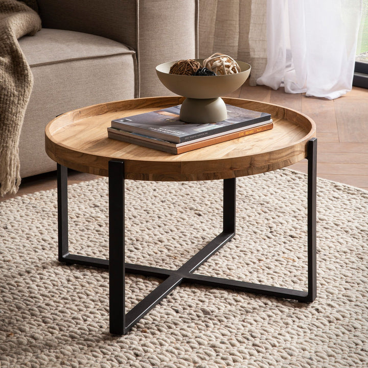 Sofabord 60x60x36 cm akacie massivt træ metal lysebrunt rundt sofabord