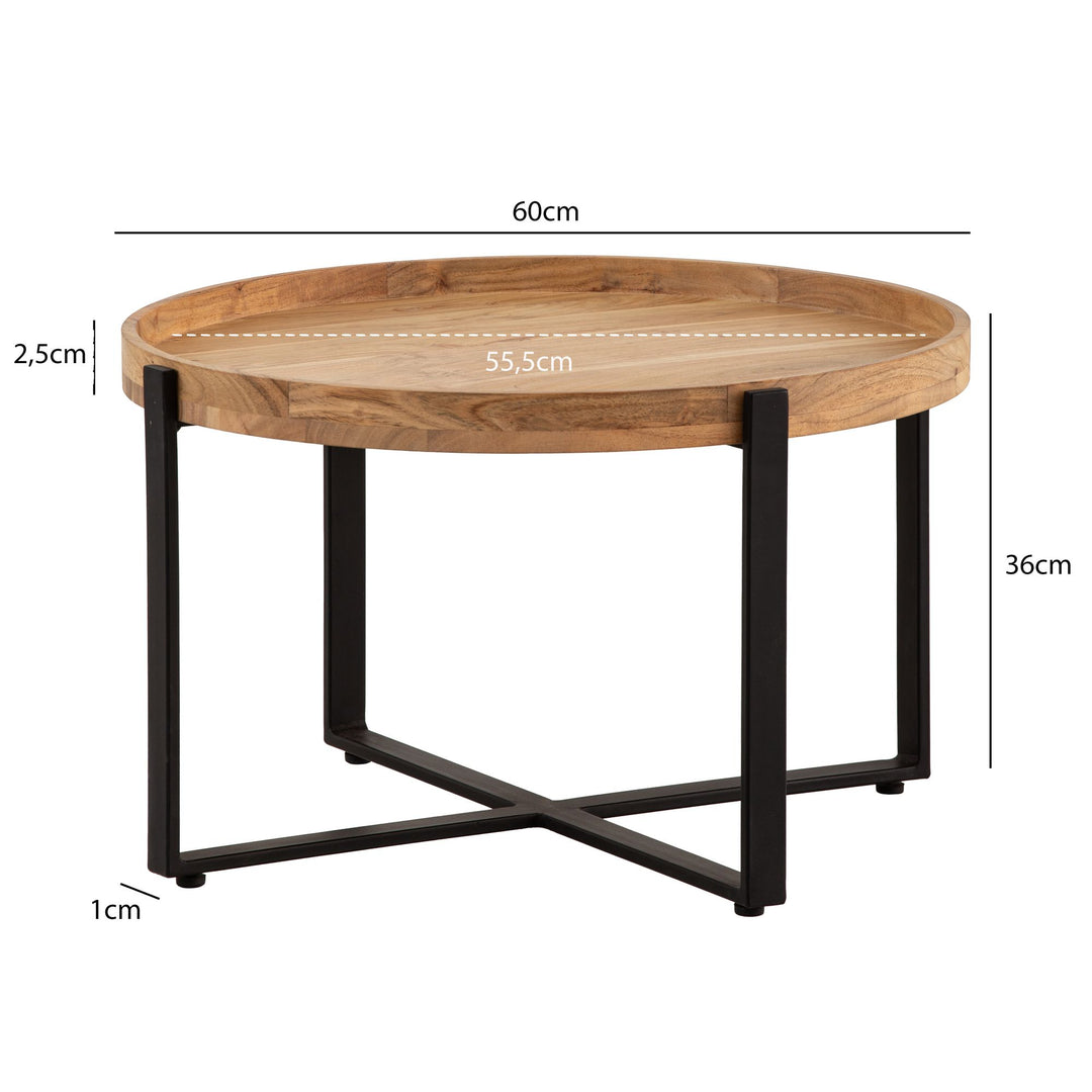 Sofabord 60x60x36 cm akacie massivt træ metal lysebrunt rundt sofabord